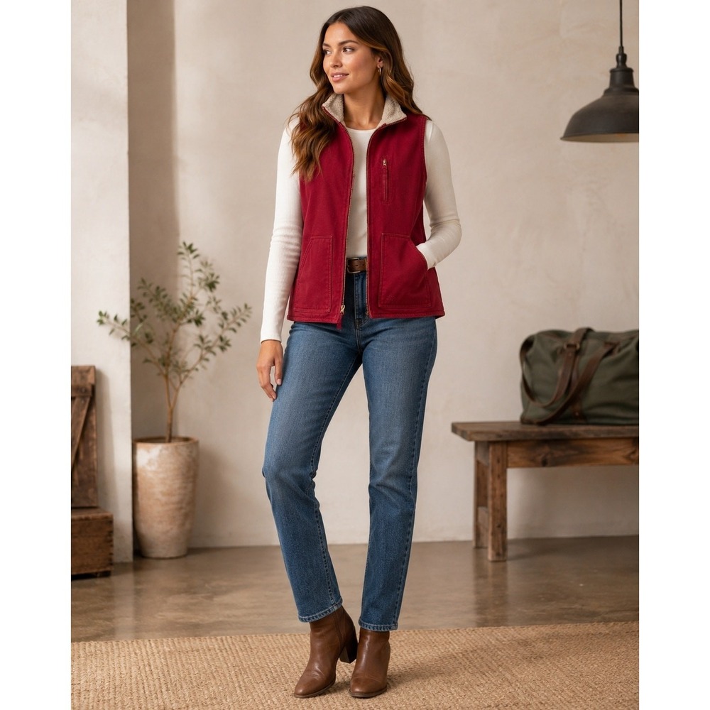 Womens Small Red Sherpa Canvas Work Vest Barn Chore Western Y2K Gorpcore Utility